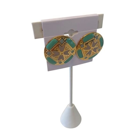 Elegant Vintage Green and Gold Circular Earrings w/ Geometric Design. - Picture 2 of 6